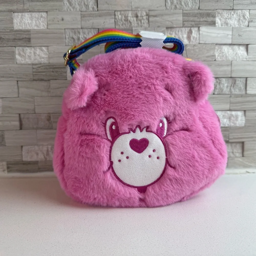 NEW Care Bear‎ Pink Plush Crossbody Bag With Rainbow Strap